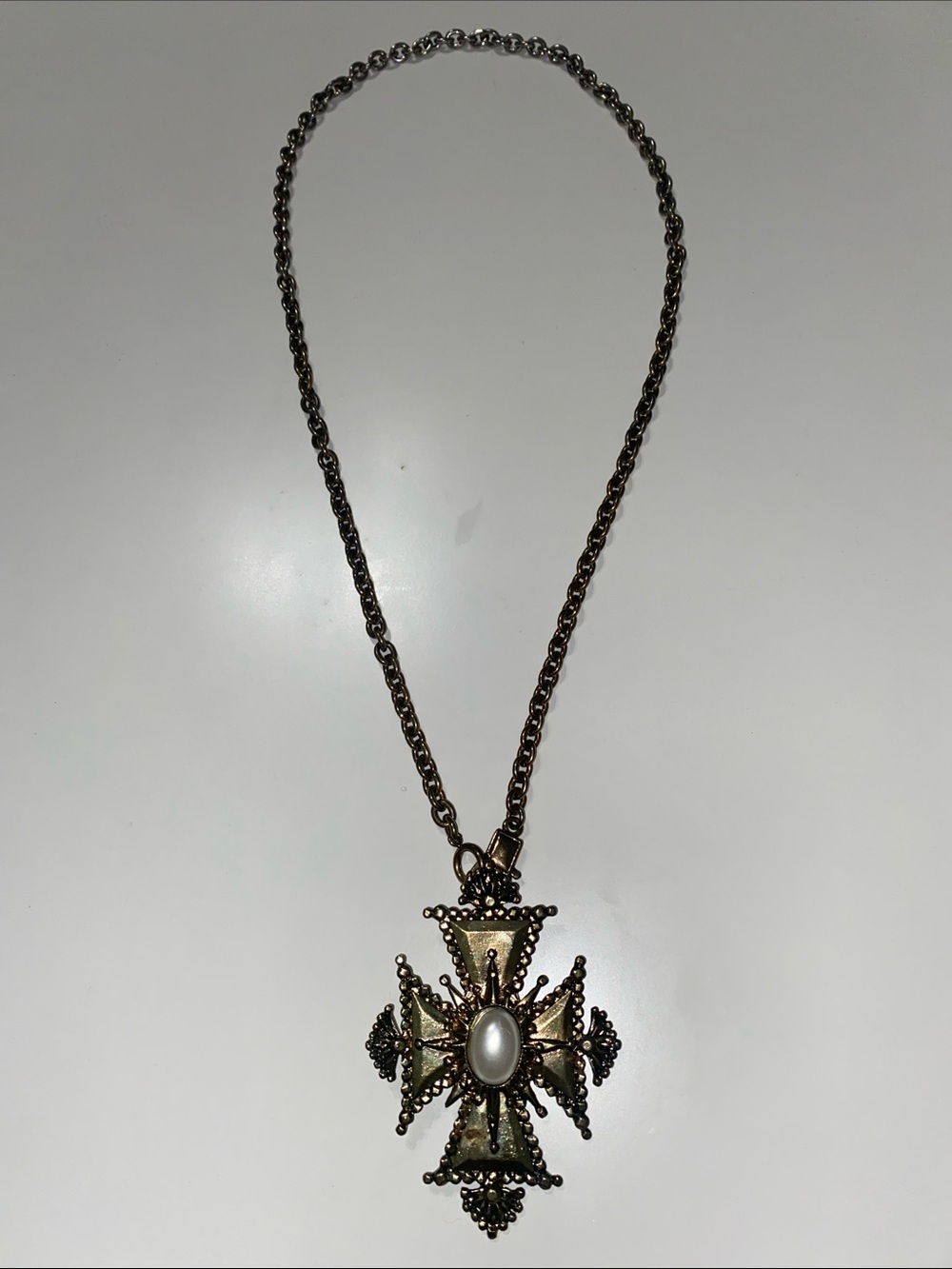 Antique-Style Gold Cross Pendant Necklace with Pearl Style Accent